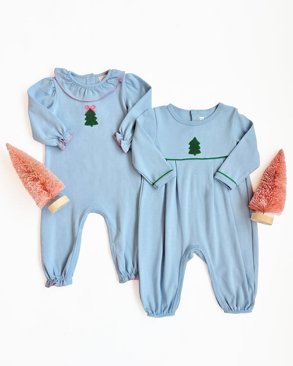 Long Sleeve Ramona Ruffle Romper - Barrington Blue with Christmas Tree Embroidery