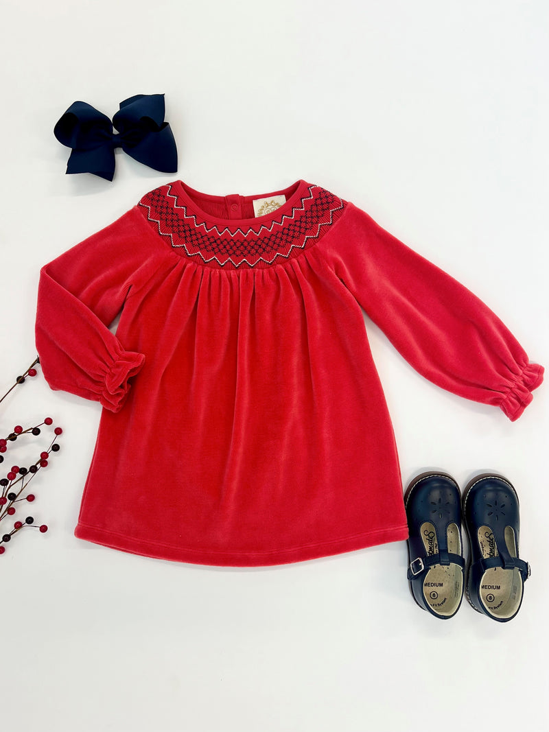 Long Sleeve Sandy Smocked Dress (Velour) - Richmond Red with Worth Avenue White & Nantucket Navy