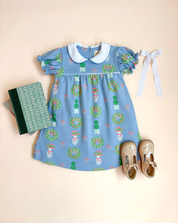 Holly Day Dress - Topiaries and Tangerines (Barrington Blue) with Worth Avenue White