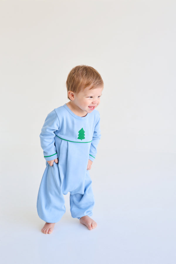 Long Sleeve Bradford Romper - Barrington Blue with Kiawah Kelly Green & Christmas Tree Embroidery