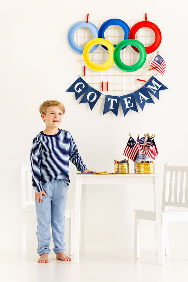 Long Sleeve Carter Crewneck - Barrington Blue & Nantucket Navy Stripe with Worth Avenue White Stork