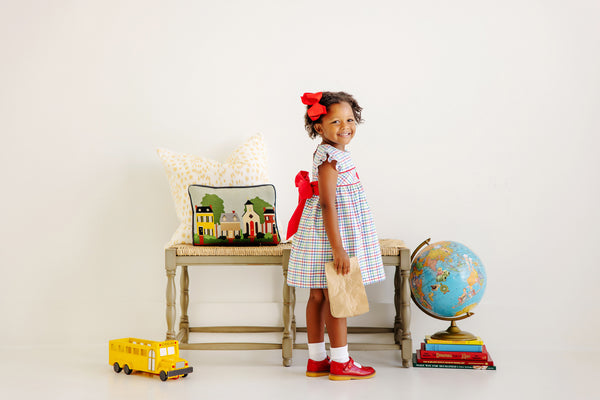 Addie Angel Sleeve Dress - Kindness Wins Windowpane with Richmond Red and Apple Applique