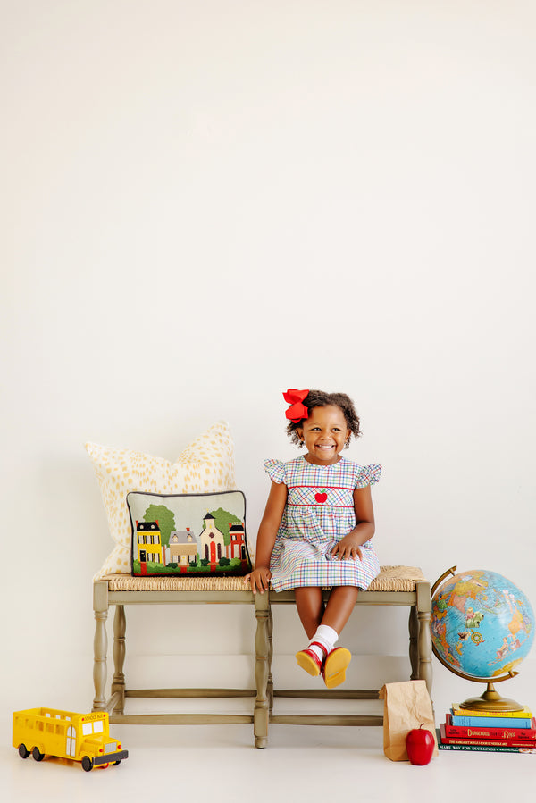 Addie Angel Sleeve Dress - Kindness Wins Windowpane with Richmond Red and Apple Applique