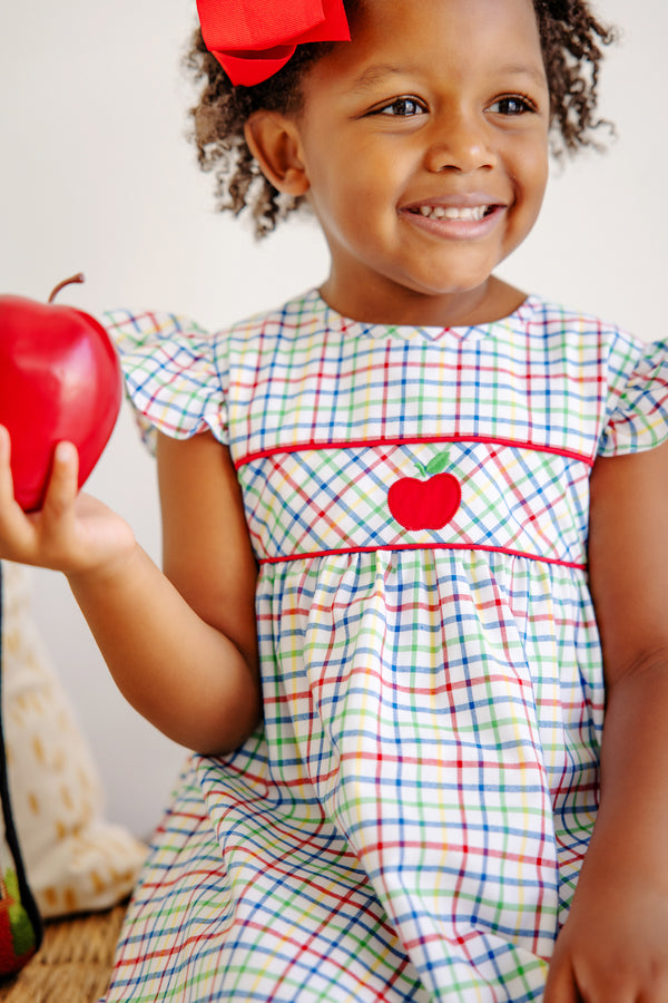 Addie Angel Sleeve Dress - Kindness Wins Windowpane with Richmond Red and Apple Applique