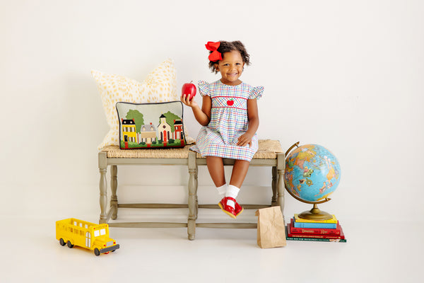 Addie Angel Sleeve Dress - Kindness Wins Windowpane with Richmond Red and Apple Applique