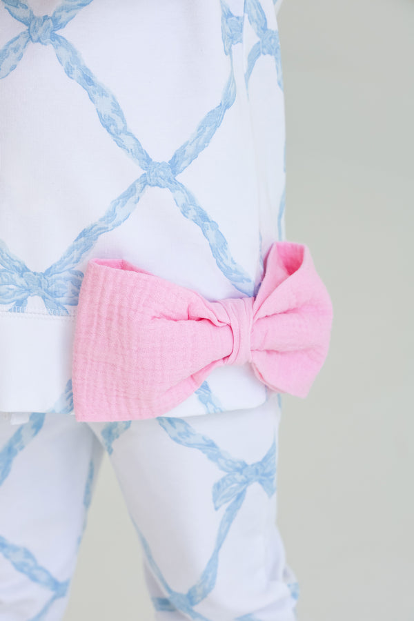 Puff Sleeve Cassidy Comfy Crewneck - Belle Meade Bow (Buckhead Blue) with Pier Party Pink Bow