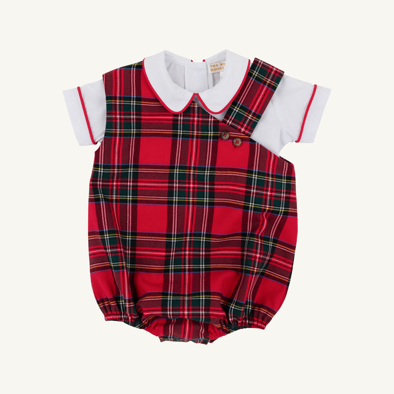 Barr Clay Bubble - Society Prep Plaid with Worth Avenue White & Richmond Red bubble romper featuring white short sleeves, a white Peter Pan collar, and two buttons on the shoulder.