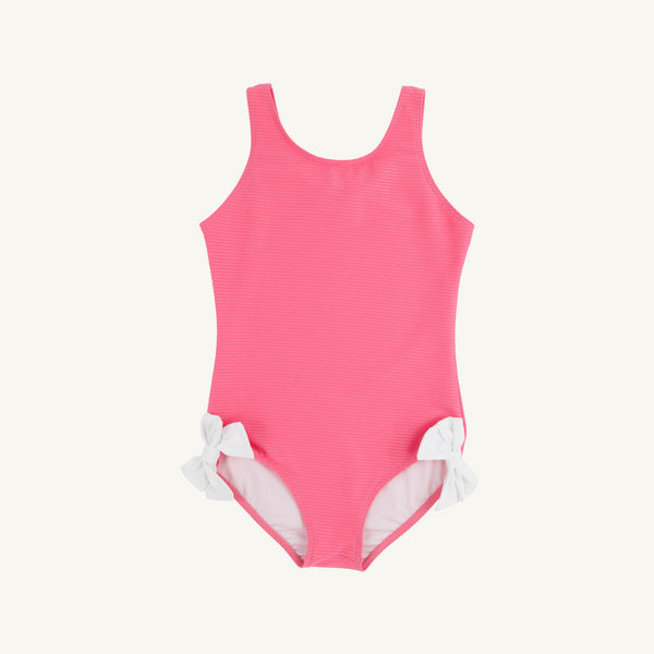 Bradenton Beach Bathing Suit (Ribbed) - Romany Rose with Worth Avenue White Bows