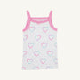 The Caroline Camisole - Have a Little Heart with Winter Park Pink by The Beaufort Bonnet Company is a white children’s tank top made from soft Pima Cotton, accented with pink trim and adorned with a whimsical heart pattern in pastel pink, blue, and purple, shown on a plain background.
