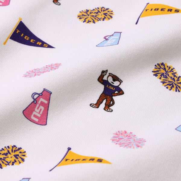 Show off your LSU pride with this white fabric featuring yellow and purple TIGERS pennants, pom-poms, pink megaphones with “LSU,” and a tiger mascot in an LSU shirt making a signature hand gesture. It pairs perfectly with your favorite The Beaufort Bonnet Company LSU Cassidy Comfy Crewneck – Tenacious Tigers with Palm Beach Pink.