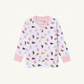 Cheer on the Tenacious Tigers in style with The Beaufort Bonnet Company’s LSU Cassidy Comfy Crewneck, featuring playful prints of cheerleaders, pennants, megaphones, and pom-poms on a white background, accented by Palm Beach Pink cuffs, collar, and hem—perfect for showing your school spirit!.