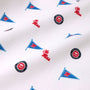 White fabric patterned with blue pennants marked with “M”, red Ole Miss lettering, and round University of Mississippi logos, all evenly spaced across the surface—perfect for creating The Beaufort Bonnet Company’s Ole Miss Cassidy Comfy Crewneck - Gawsh Almighty with Nantucket Navy.