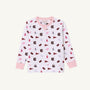 Introducing the USC Cassidy Comfy Crewneck - South Carolina Spirit with Palm Beach Pink by The Beaufort Bonnet Company: a white long-sleeve sweatshirt accented with pink cuffs and collar, decorated in a scattered pattern of small maroon and pink icons—including pennants, letters, dresses, clouds, and ships. This gameday-ready sweater is perfect for showing off your South Carolina spirit!.
