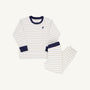 The Beaufort Bonnet Company’s Cassidy & Gates Sweat Set in Keeneland Khaki Stripe & Nantucket Navy features cozy and comfortable long-sleeve pajamas for children, designed with beige and white horizontal stripes, a navy blue collar and cuffs, and a small embroidered bird on the chest. Both the top and bottom are displayed flat against a white background—ideal fall loungewear for little ones.