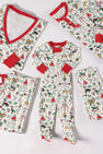 Five pieces of matching family pajamas from The Beaufort Bonnet Company’s Knox’s Night Night - 12 Days of Christmas with Richmond Red collection, featuring festive holiday prints and red trim. The set includes a Pima cotton baby onesie, adult top and pants, and kids’ top and pants, all laid flat on a white background—a cozy holiday sleepwear set perfect for the whole family.