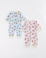 Two Paxton Playsuits from The Beaufort Bonnet Company—one in Christmastime Cuties (Blue) with Palmetto Pearl and one in pink—each featuring an adorable animal and floral print, displayed on a white background; perfect as cozy Pima Cotton playsuits or festive holiday baby outfits.