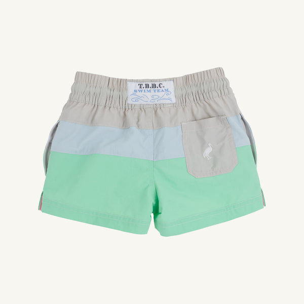 Country Club Colorblock Trunks - Sandy Springs Stone, Buckhead Blue, & Grace Bay Green with Worth Avenue White Stork