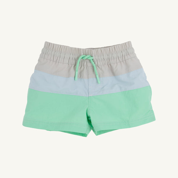 Country Club Colorblock Trunks - Sandy Springs Stone, Buckhead Blue, & Grace Bay Green with Worth Avenue White Stork