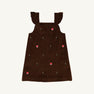 The Beaufort Bonnet Company Critter Julia Jumper in Chelsea Chocolate corduroy features ruffled shoulder straps and delightful fox embroidery with red fox faces and tiny green plants, shown against a white background.