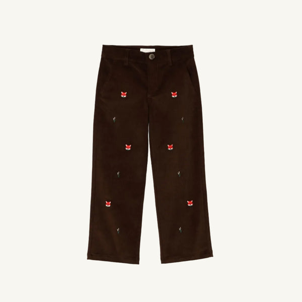 The Beaufort Bonnet Company Critter Prep School Pants in Chelsea Chocolate Corduroy feature straight legs, small fox embroidery, and scattered green detailing on the front. The pants are laid flat against a plain, light background.