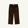 The Beaufort Bonnet Company Critter Prep School Pants in Chelsea Chocolate Corduroy feature straight legs, small fox embroidery, and scattered green detailing on the front. The pants are laid flat against a plain, light background.