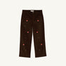 The Beaufort Bonnet Company Critter Prep School Pants in Chelsea Chocolate Corduroy feature straight legs, small fox embroidery, and scattered green detailing on the front. The pants are laid flat against a plain, light background.