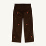 The Beaufort Bonnet Company’s Critter Prep School Pants in Chelsea Chocolate Corduroy feature adorable fox embroidery with petite red and white fox faces and green plants scattered throughout, making these charming kids’ fall pants.