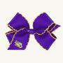 A purple Wee Ones Hair Bow - Louisiana State University by The Beaufort Bonnet Company, featuring yellow scalloped edges and a small yellow and white tiger face logo on one loop, set against a plain white background. This stylish LSU hair bow is the perfect Game Day accessory for any fan.