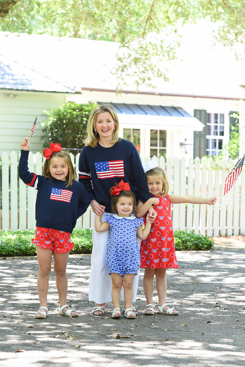 Women's Cissy Intarsia Sweater - Nantucket Navy, Worth Avenue White & Richmond Red Stripes with American Flag