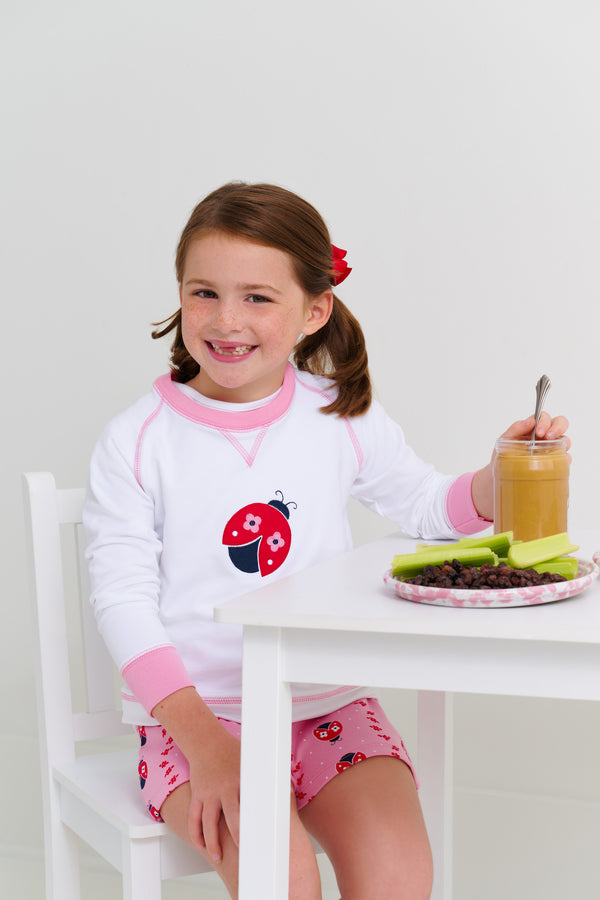 Cassidy Comfy Crewneck - Worth Avenue White with Ladybug Applique