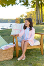 Long Sleeve Lizzie's Luxe Leisure Dress - Palm Beach Pink with Beale Street Blue and Worth Avenue White Stripes