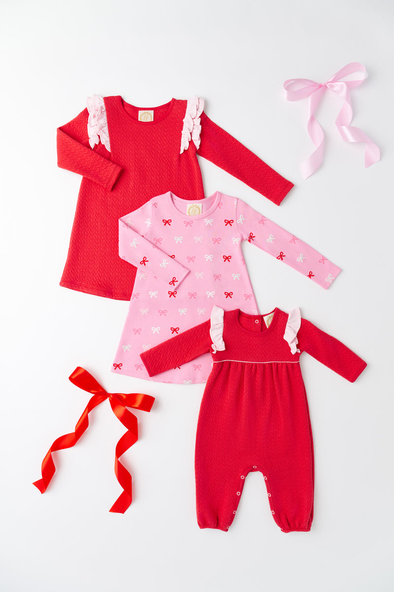 Long Sleeve Ruehling Ruffle Dress (Quilted) - Richmond Red with Palm Beach Pink