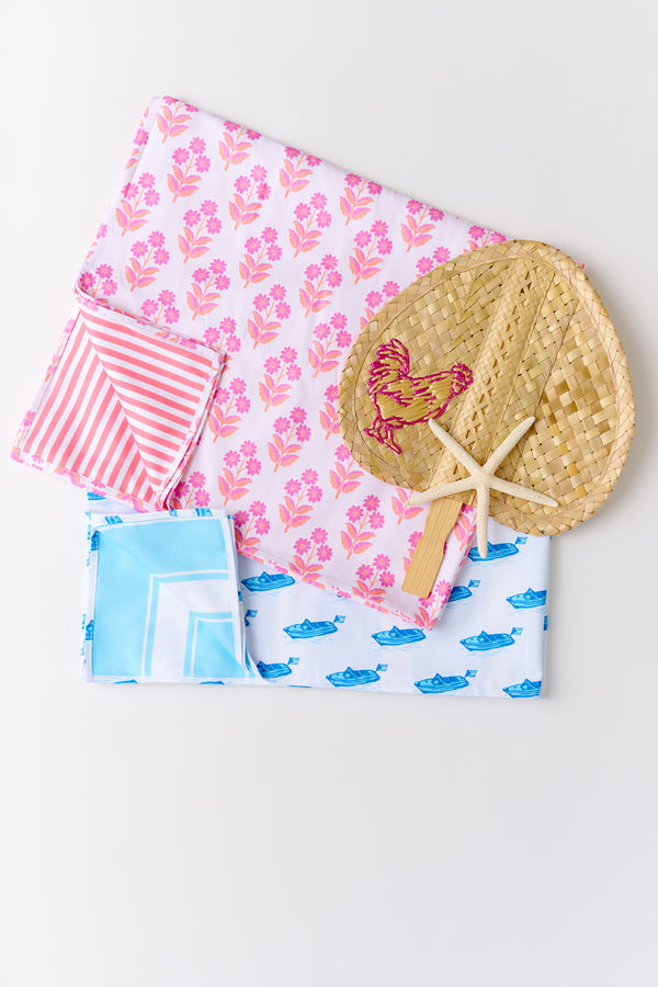 Calloway Quick Dry Towel - Bridgetown Harbour Hand Block with Sea Wall Stripe (Winter Park Pink)