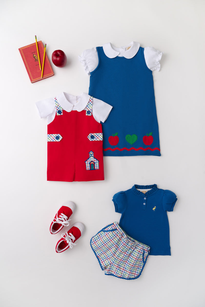 Annie Apron Dress - Wood Boat Blue with Richmond Red & Apples and Heart Appliques