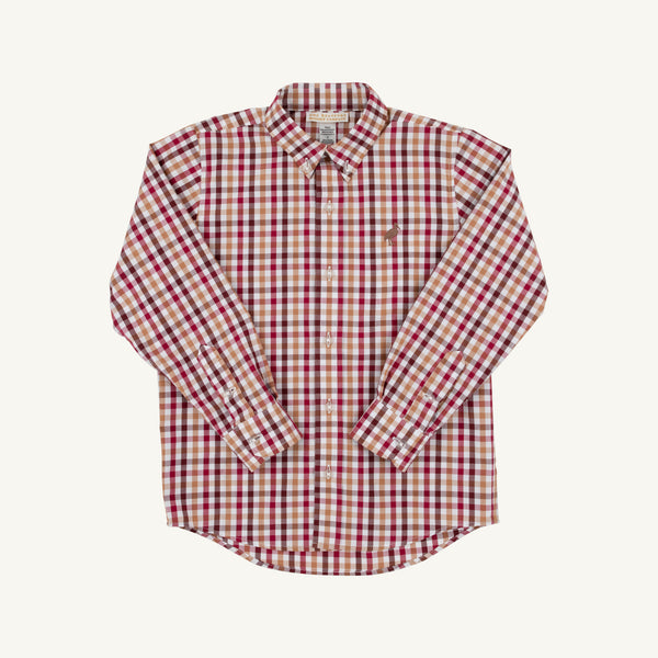 Long-sleeve, button-down boys’ dress shirt with a red, white, and brown plaid pattern by The Beaufort Bonnet Company, displayed flat on a white background. The Dean’s List Dress Shirt – Easton Pond Plaid offers a classic look for any occasion.