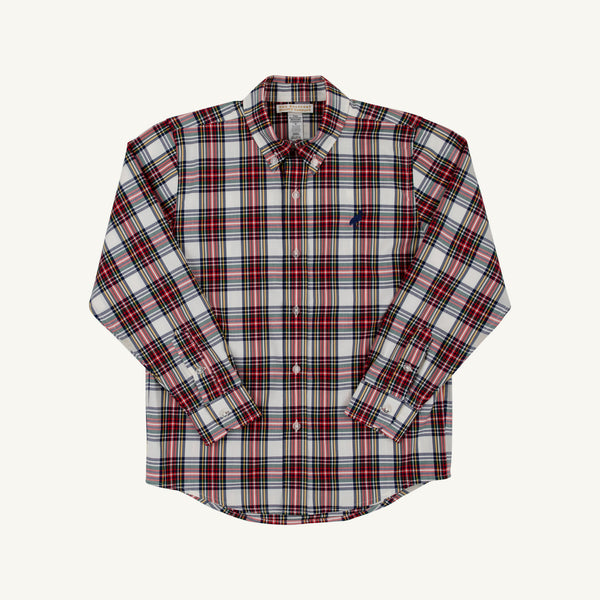 Dean’s List Dress Shirt - Paris Pike Plaid with Nantucket Navy Stork long-sleeved button-down shirt in a red, white, and blue pattern with a small dark blue stork embroidery on the chest.