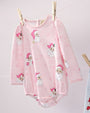 Long Sleeve Penny’s Play Bubble - Dear Santa (Palm Beach Pink Stripe) long-sleeve Pima cotton baby bubble romper with pink and white stripes and a repeating Santa Claus and snowflake pattern.