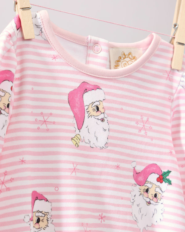 Long Sleeve Penny’s Play Bubble - Dear Santa (Palm Beach Pink Stripe) in Pima cotton featuring a pink and white striped pattern with Santa Claus faces and snowflakes.