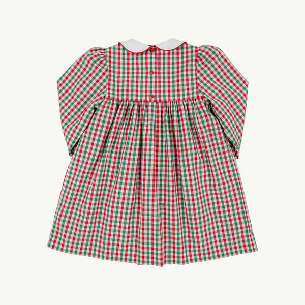 The Della Marie Dress by The Beaufort Bonnet Company features long sleeves, a charming white Peter Pan collar, and a festive Richmond Red & Kiawah Kelly Green gingham pattern with a gathered waist—making it the perfect holiday dress for girls.