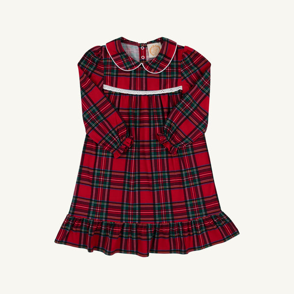 Goldie Locks Nightgown - Society Prep Plaid with Worth Avenue White, a long-sleeved red, green, and blue plaid nightgown featuring a white collar, lace trim at the chest, and a ruffled hem.