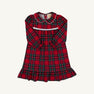 Goldie Locks Nightgown - Society Prep Plaid with Worth Avenue White, a long-sleeved red, green, and blue plaid nightgown featuring a white collar, lace trim at the chest, and a ruffled hem.