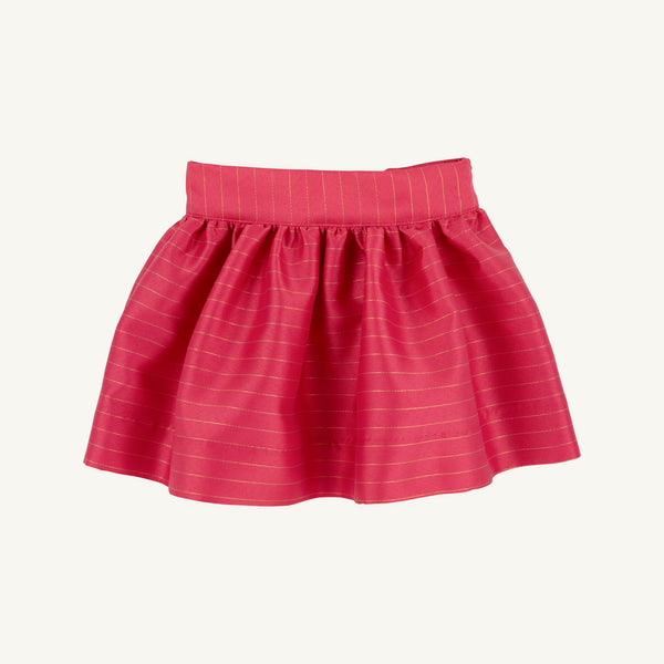 The Grandccasion™ McPrimm Party Skirt in Raleigh Raspberry Metallic Stripe by The Beaufort Bonnet Company features a high waistband and subtle horizontal metallic stripes in a festive pink shade, beautifully displayed against a plain white background—ideal for holiday celebrations.