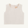 The Grandccasion™ Tessa Top by The Beaufort Bonnet Company is a sleeveless, cropped taffeta top in Grand Isle Ivory. Featuring a round neckline and smooth fabric, it is shown laid flat on a plain background, with a tag bearing a gold design visible near the collar.