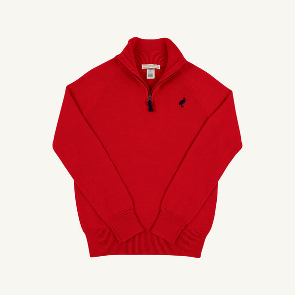 A Hayden Half-Zip Sweater in Richmond Red with a Nantucket Navy stork logo by The Beaufort Bonnet Company, crafted from 100% cotton and featuring long sleeves, ribbed cuffs and hem, is laid flat on a white background.