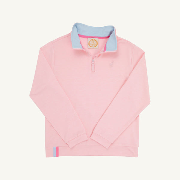 The Beaufort Bonnet Company Prepletic™ Hayword Half-Zip in Palm Beach Pink with Palm Beach Pink Stork is a kids’ performance pullover featuring a blue inner collar, long sleeves, and two pastel stripes at the bottom left hem. Crafted from breathable lightweight fabric, this half-zip is displayed on a plain white background.