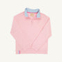 The Beaufort Bonnet Company Prepletic™ Hayword Half-Zip in Palm Beach Pink with Palm Beach Pink Stork is a kids’ performance pullover featuring a blue inner collar, long sleeves, and two pastel stripes at the bottom left hem. Crafted from breathable lightweight fabric, this half-zip is displayed on a plain white background.