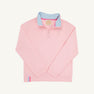 The Beaufort Bonnet Company Prepletic™ Hayword Half-Zip in Palm Beach Pink with Palm Beach Pink Stork is a kids’ performance pullover featuring a blue inner collar, long sleeves, and two pastel stripes at the bottom left hem. Crafted from breathable lightweight fabric, this half-zip is displayed on a plain white background.