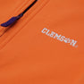 Close-up of the Clemson Hayword Half-Zip by The Beaufort Bonnet Company in Clemson Orange with Clemson Purple and Worth Avenue White, showcasing a zipper and “Clemson” embroidered in white with a signature paw print—perfect for game day layering.