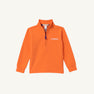 Clemson Hayword Half-Zip by The Beaufort Bonnet Company in vibrant Clemson Orange with Clemson Purple and Worth Avenue White accents. This long-sleeve pullover features a stand-up collar and a purple zipper pull. The left chest is embroidered with white “CLEMSON” text, making it the perfect layering piece for game day. Shown laid flat on a plain light background.