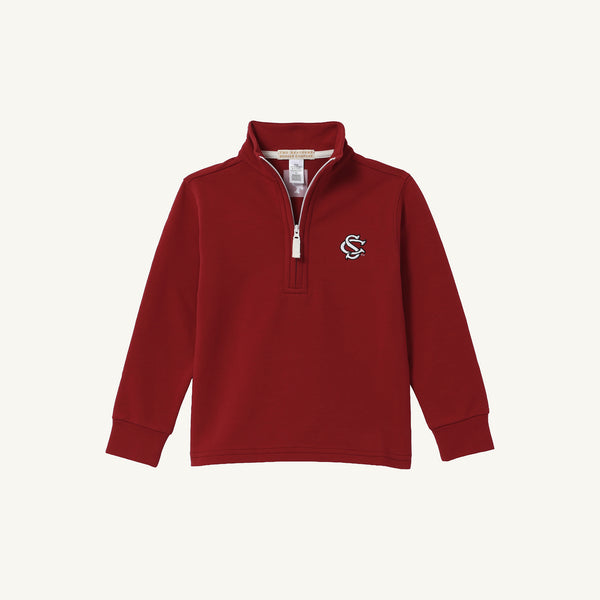 The Beaufort Bonnet Company’s USC Hayword Half-Zip in South Carolina Burgundy with Worth Avenue White features a white zipper and a white embroidered intertwined S and C logo on the left chest, displayed against a plain light background—perfect for showcasing classic Gamecock style.